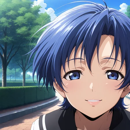score_9,score_8_up,score_7_up, masterpiece, 8k, highres, wallpaper, source_anime, park, blue sky, pov, extreme close up, facing viewer, <lora:20_Miki_SDXL:1>, Miki, 1 girl, solo, blue hair, short hair,  <lora:DetailedEyes_V3:1> , <lora:PerfectEyesXL:1>, blue eyes, detailed eyes, detailed pupils,  fine-tuned face, perfect face, perfect lips, smiling, school uniform, seirafuku, black sailor collar  <lora:add-detail-xl:1>