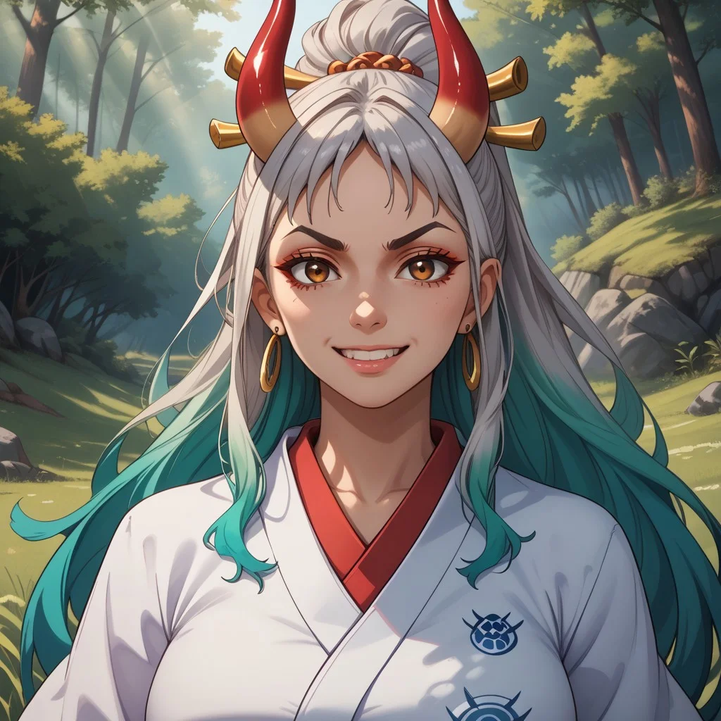 score_9, score_8, BREAK, solo, yamato, ahoge, aqua hair, brown eyes, earrings, grey hair, green hair, hair ornament, hair stick, high ponytail, long hair, multicolored hair, multicolored horns, oni, shimenawa, sidelocks, v-shaped eyebrows, very long hair, sexy pose, self portrait, smile, looking at viewer, outdoors, sunlight, shadows, evening lighting, natural lighting, forest, trees, grass, orange sky, sunset