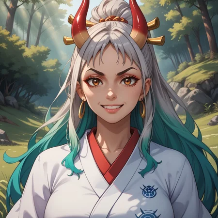 score_9, score_8, BREAK, solo, yamato, ahoge, aqua hair, brown eyes, earrings, grey hair, green hair, hair ornament, hair stick, high ponytail, long hair, multicolored hair, multicolored horns, oni, shimenawa, sidelocks, v-shaped eyebrows, very long hair, sexy pose, self portrait, smile, looking at viewer, outdoors, sunlight, shadows, evening lighting, natural lighting, forest, trees, grass, orange sky, sunset
