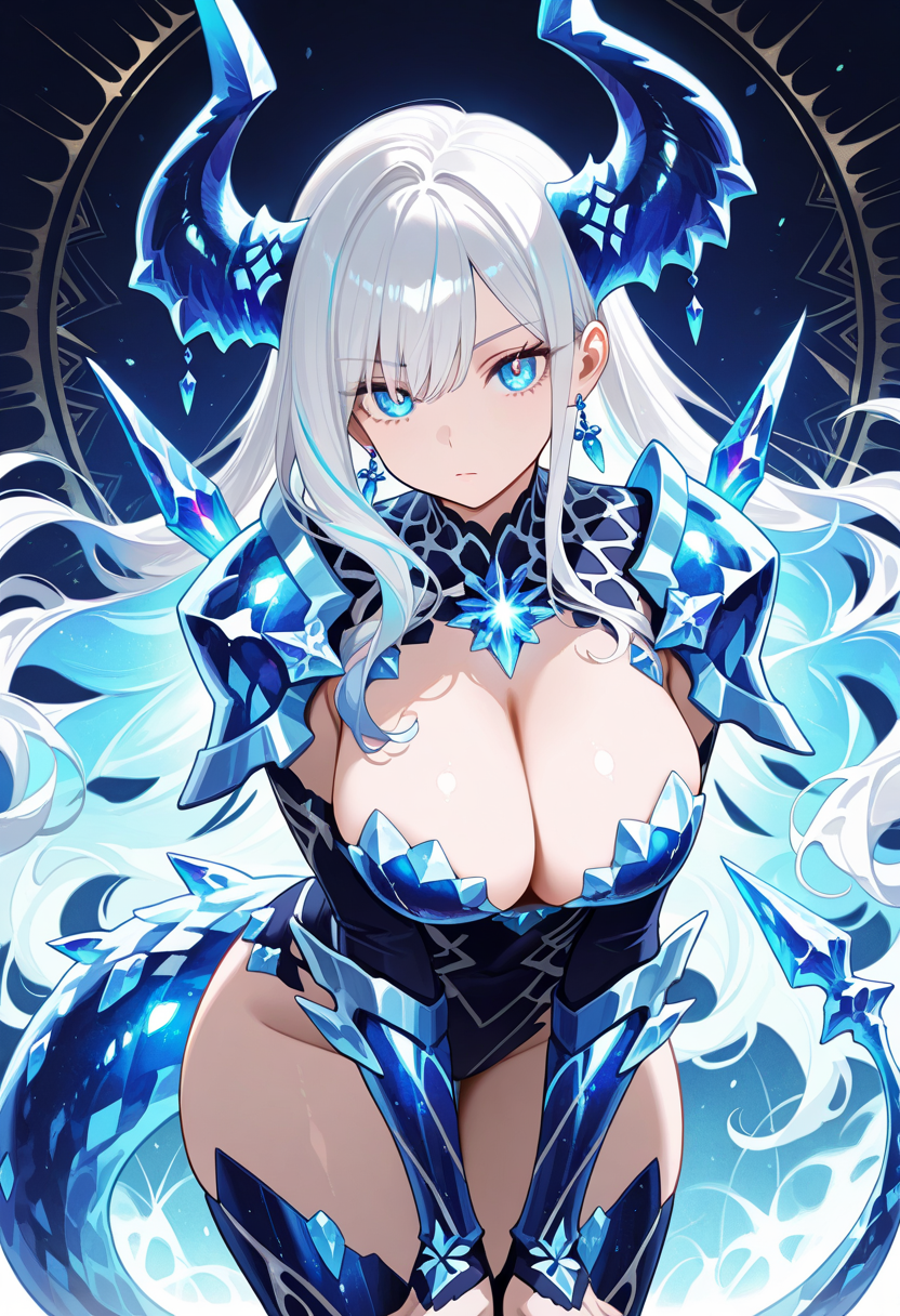 1girl,solo,short white wavy,blue crystal armor,[embedded crystals],intricate crystal patterns,large curved horns,crystal earrings,crystal tail,intense gaze,looking at viewer,leaning forward pose,(volumetric lighting:1.1),glowing highlights,abstract background,masterpiece,best quality,amazing quality,