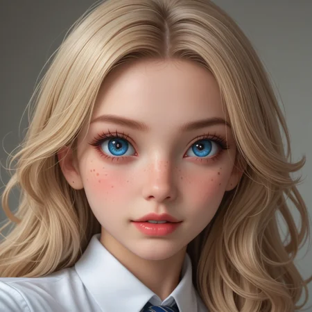 best, masterpiece, Domi with wavy blonde hair and blue eyes, extreme closeup, exotic colorful makeup, model face, model pose, selfie, highly detailed skin texture, freckles, highly detailed photo, professional photograph, dynamic lighting