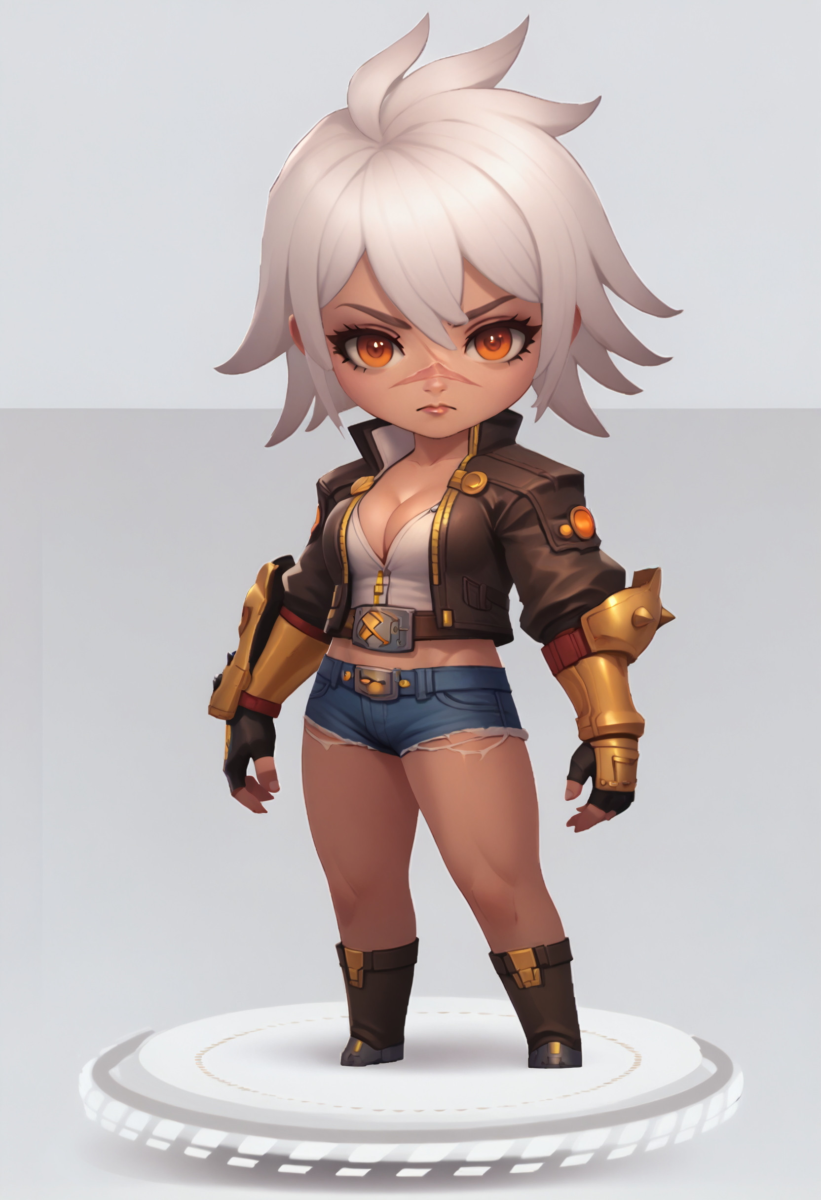 score_9, score_8_up, score_7_up, score_6_up BREAK  <lora:Bullet_BB:0.8> bulletbb, white hair, dark skin, scar on face,jacket, belt, cutoffs, gauntlets,fingerless gloves,cleavage,boots  <lora:chibi-nikke-richy-v1_pdxl:1> solo, chibi, standing, full body, orange eyes