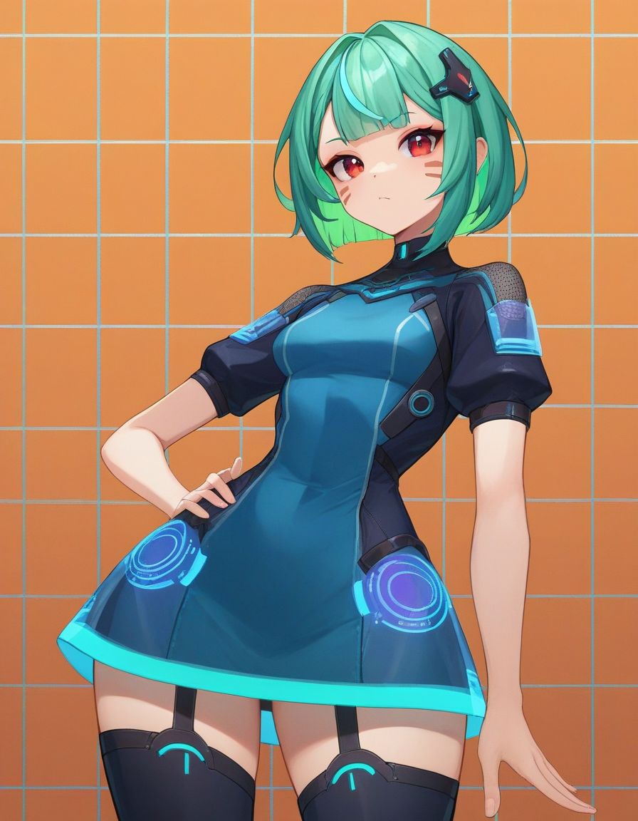 rating_safe, score_9,score_8_up,score_7_up, BREAK 1girl, standing, hand on own hip, hand up, contrapposto, orange background, simple background, grid background,  cowboy shot,   red eyes, bob cut,  green hair, aqua hair, multicolored hair,  colored inner hair, streaked hair , wide hips, petite, scifi, holographic dress, virtual accessories, neon trim , face marks , makeup, virtual youtuber,  scouter,  futuristic short dress, hair ornament, hip_vent ,