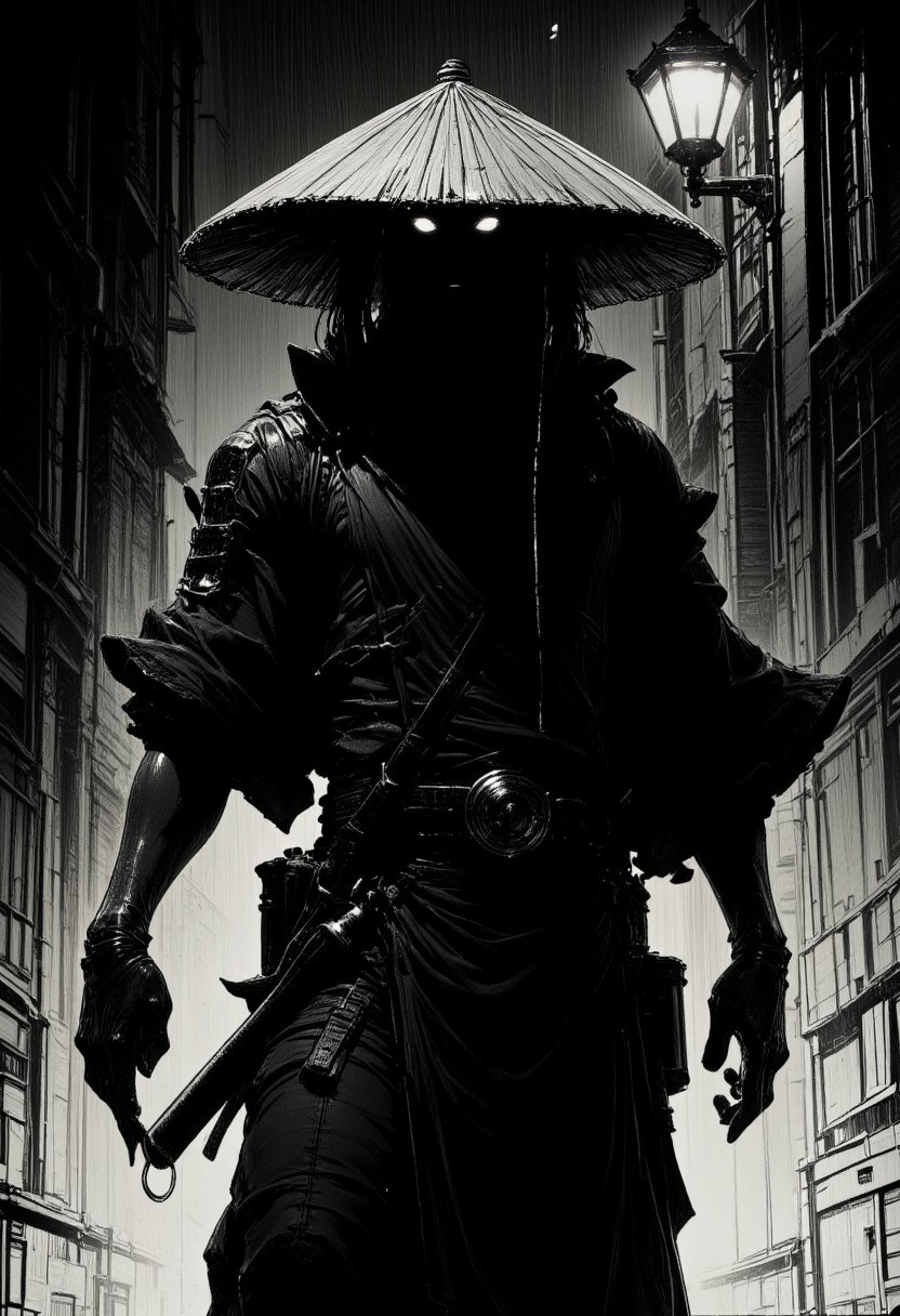 nistyle, monochrome manga sketch, A dark silhouette materializes at the end of an alley, the figure of a lone ninja cloaked in a tattered, flowing robe. His face is partially hidden by the brim of a straw hat, water cascading from its edge. The dim light from an overhead lamp glances off the polished hilt of a katana strapped across his back. His posture is tense but deliberate, as if he senses eyes watching him from the shadows. The raindrops drum on his hat, creating a rhythmic, echoing sound.. G0thicL1nes
