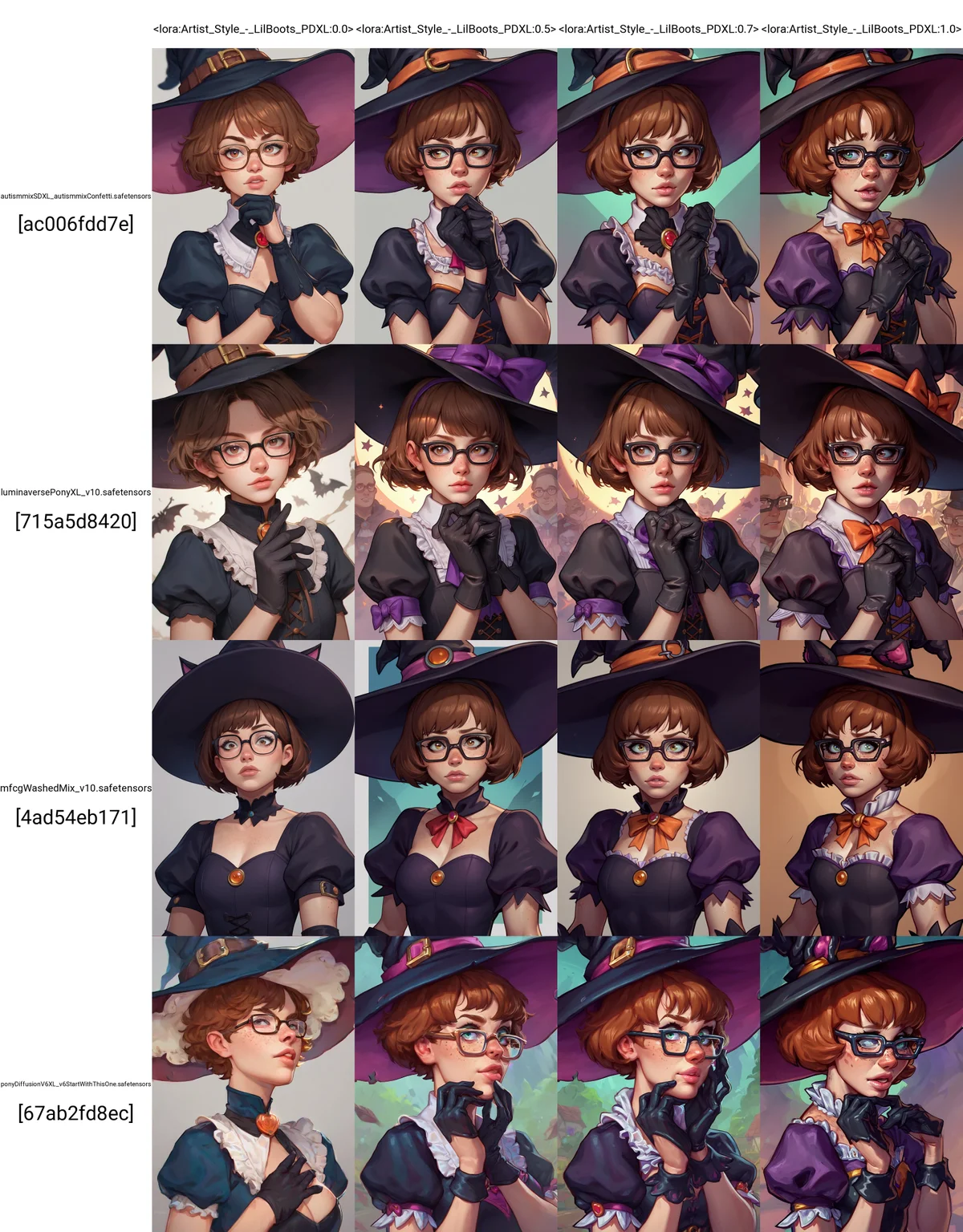 score_9, score_8_up, score_7_up, score_6_up, lilboots-dh BREAK
portrait, 1girl, short hair, brown hair, black gloves, witch hat, fake animal ears, short sleeves, glasses, solo focus, puffy sleeves, lips, black headwear, freckles <lora:Artist_Style_-_LilBoots_PDXL:0.0>