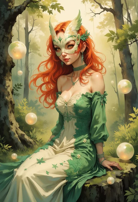 A dinkfsn style ink wash painting of a delicate, pale-skinned, smiling woman seated gracefully on a moss-covered tree stump in a tranquil forest setting. She has thick, full, very long and flowing, fiery-red hair cascading over her shoulders and down her back, contrasting beautifully with her white, porcelain complexion. Her big eyes and face are partially concealed by an ornate, white lace and metallic mask with intricate filigree patterns and small shimmering details, evoking mystery and elegance. She wears a flowing, embroidered green and ivory dress adorned with subtle floral patterns and emerald appliques, its lightweight fabric softly blows in the breeze while catching the light. The dress features off-the-shoulder sleeves and a modest neckline, exuding a vintage, fairy-tale aesthetic. Around her neck, she wears a delicate choker with a dangling star-shaped charm, enhancing her refined appearance. Her arms are behind her back as she stares at you with a mix of curiosity and shyness. Floating in the air around her are glowing, pearlescent orbs and globes, their soft light reflecting on her skin and dress, adding an element of enchantment to the scene. The forest background is lush and vibrant, with strong sunlight filtering through tall trees and on her back, casting dappled light onto the scene and creating a dreamlike atmosphere. The art style is hyper-realistic with a focus on fine details, textures, and soft lighting, emphasizing the ethereal quality of the figure.