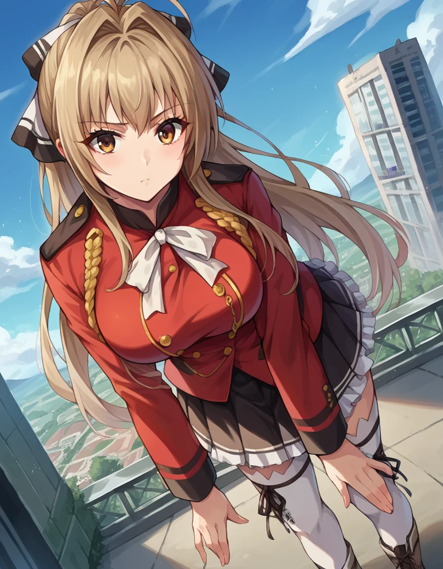 score_9, score_8_up, score_7_up, source_anime,
isuzusento, <lora:isuzu-sento-ponyxl-lora-nochekaiser:1>
isuzu sento, ahoge, brown eyes, light brown hair, long hair, ponytail, hair ribbon, ribbon, mature female,
aiguillette, ankle boots, black ribbon, black skirt, boots, brown footwear, cross-laced footwear, frilled skirt, frills, jacket, lace-up boots, military, military uniform, pleated skirt, red jacket, skirt, thighhighs, uniform, white thighhighs, white ribbon, buttons,
outdoors, cityscape, bent over,
looking at viewer, dutch angle, cowboy shot,