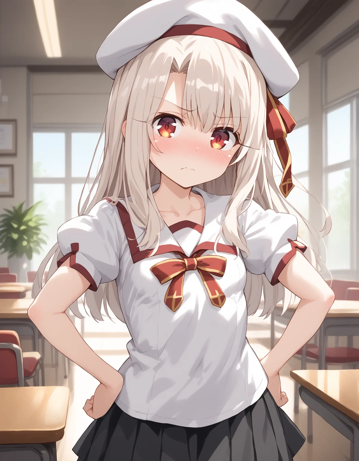 score_9,
1girl,
solo,
aaillya,
fate/kaleid liner prisma illya,
illyasviel von einzbern,
red eyes,
eyelashes,
blonde hair,
long hair,
curtained bangs,
sidelocks,
small breasts,
beret,
white hat,
homurabara academy school uniform,
school uniform,
collarbone,
white sailor collar,
neck ribbon,
white shirt,
puffy short sleeves,
pleated skirt,
black skirt,
miniskirt,
cowboy shot,
hands on own hips,
looking at viewer,
blush,
nose blush,
embarrassed,
scowl,
indoors,
cafe,
window
<lora:illyasviel_von_einzbern_ponyxl_v1:0.9>