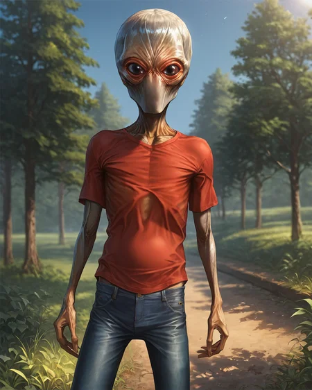 score_9, score_8_up, score_7_up, rating_questionable, intricately detailed,
<lora:Sectoid_XCOM:1>,
1boy(Sec1oid, large black eyes, large head, loose red t-shirt, jeans, standing, cowboy shot, looking at viewer, solo), summer, sunshine, public path, trees, grass,
closeup, detailed background, depth of field,
<lora:ral-chrosc-clr:0.5>, ral-chrosc-clr,
<lora:Expressive_H:0.5>, expessiveH,
<lora:xl_more_art-full_v1:0.3>,
<lora:add-detail-xl:0.3>