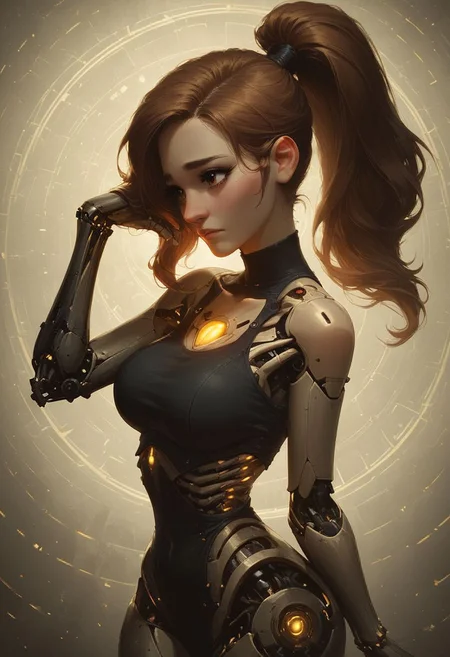 score_9, score_8_up, score_8, solo, w1ln4y4, beautiful shading, beautiful lighting, 1girl, sexy 20 year old, cute face, human face, long black eyelashes, large breasts, wide hips, hourglass figure, long brown hair, high ponytail, brown eyes, cyborg, exposed wires, exposed ribs, mechanical legs, mechanical arms, chest plate, glowing lights, mechanical chest, vivid colors:1.5, dynamic pose, high angle view:1.5, side view, hand on own face, worried expression