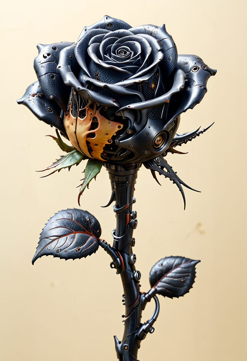 A biomechanical rose with petals made of synthetic polymers and carbon-fiber veins, gear pistons in the stem, illustrated with dirty seam lines and realistic merging into flesh-like textures, mobe-cybideen,