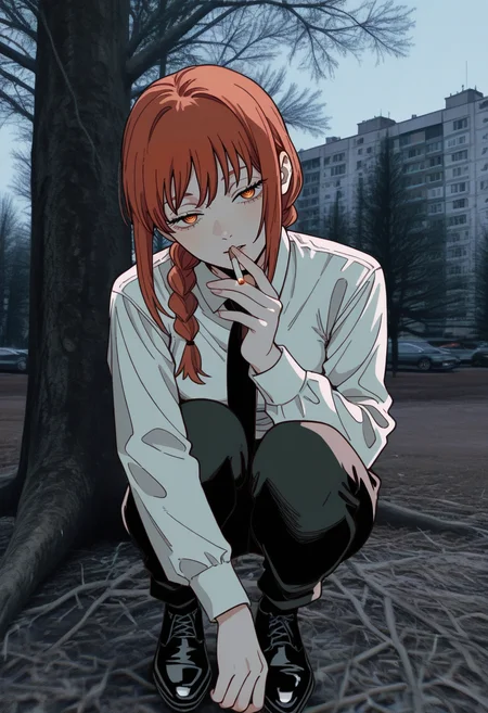 highres, greatscore, absurdres, masterpiece, 1girl, makima \(chainsaw man\), chainsaw man, (by agnes cecile, by kaneoya sachiko, by 96yottea, :1.2), gradient coloring, glowing coloring, aegyo sal, head tilt, half-closed eyes, red hair, yandere, <lora:ebenya:1> ebenya, outdoors, building, photo background, <lora:illustriousXLv01_stabilizer_v1.152_1710796:1> half closed eyes, smoking, russian , <lora:noobai_vpred_1_masterpieces_v23:1> masterpiece, best quality, very aesthetic <lora:lowfi:1> lowfi,, tree, full body,