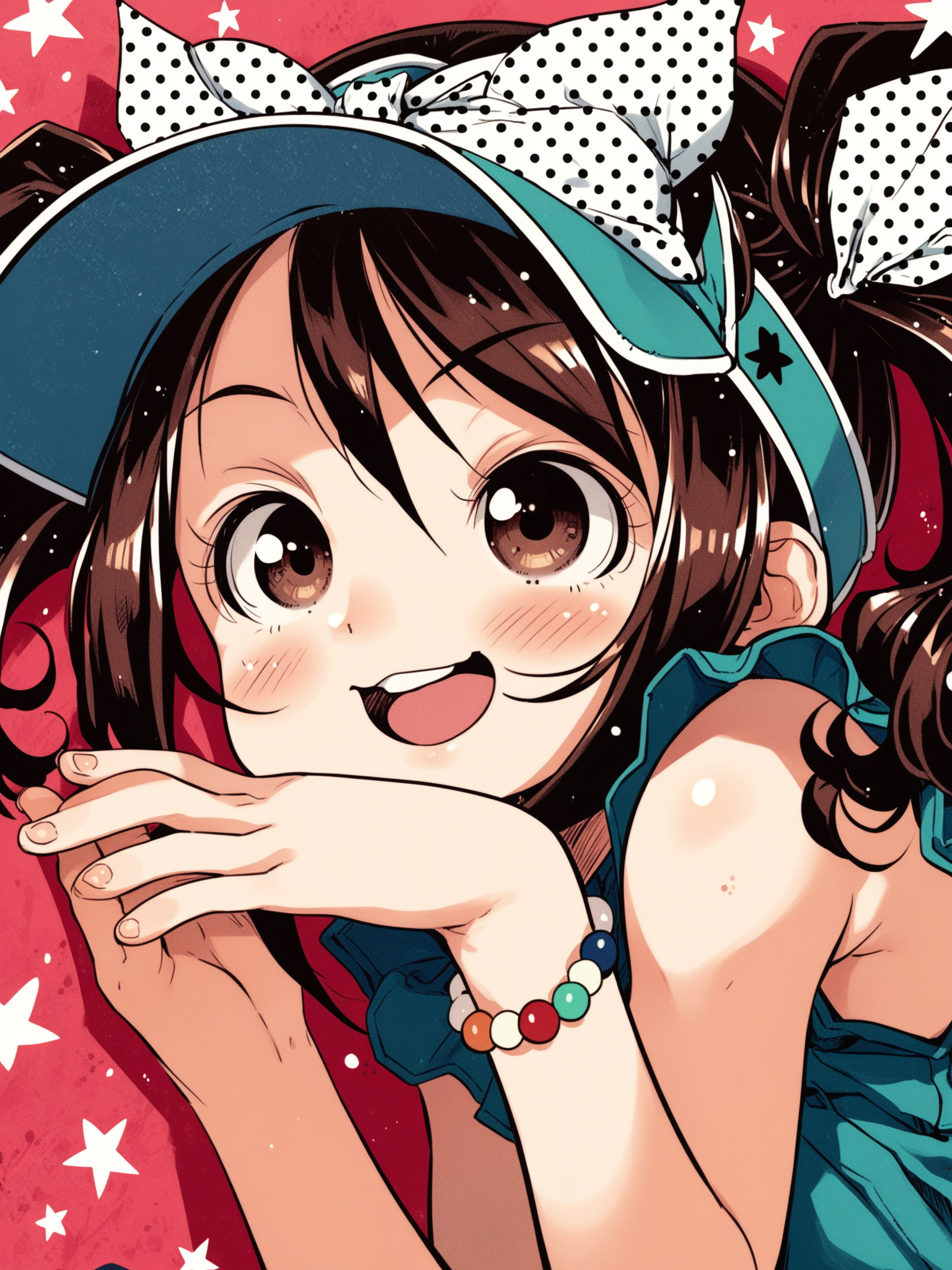 <lora:happy_tentacle-haruka-v0.1-000032:1>, ht_haruka, brown eyes, brown hair, polka dot ribbon, visor cap, polka dot bow, bracelet school uniform, school yard , 1girl, solo, upper body , half-closed eyes , (happy :1), , looking away , lying , from side , score_9, score_8_up, score_7_up, score_6_up, score_5_up, score_4_up