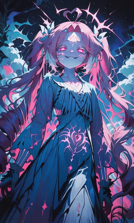 masterpiece,best quality,absurdres,very aesthetic,very awa,highres,newest,year 2024,year 2023,<lora:NLSTN-IL_1412568:1>,nlstn,glowing,dark,<lora:illustrious_quality_modifiers_masterpieces_v1_956369:0.7>,<lora:ponyv4_noob1_2_adamW-000017:0.7>,<lora:spo_sdxl_10ep_4k-data_lora_webui:0.6>,<lora:add-detail-xl:0.9>,<lora:KonyaKarasue-000008:0.4>,<lora:Isha_Illus_XL_1131795:0.6>,ishaILXL,heart ahoge,pink eyes,skinny,multicolored hair,white hair,pink hair,24 yo,24 year old girl,(white eyelashes:1.2),dynamic background,detailed,womb tattoo,dynamic_angle,flat chest,looking at viewer,facial mark,
painterly,best quality,(surreal:1.6),flat color,hero,pale skin,child,small,young,solo,vampire,fangs,sharp lines,happy,smile,pink eyes,glowing eyes,long hair,very long hair,pink hair,parted hair,pink feathers,glowing skin,mystical pink aura,ethereal light,pink halo,half closed eyes,frown,pigtails,drill hair,hair drills,bangs,white and yellow old vest,white dress,big gloves,long sleeves,soft cloudy sky,night sky,dynamic pose,majestic,ice,aurora borealis,dark fantasy,snow,stars masterpiece,best quality,amazing quality,intricate detail,highly detailed,absurdres,high quality,best quality,vibrant colors,aurora borealis,holographic colors,gradient colors,