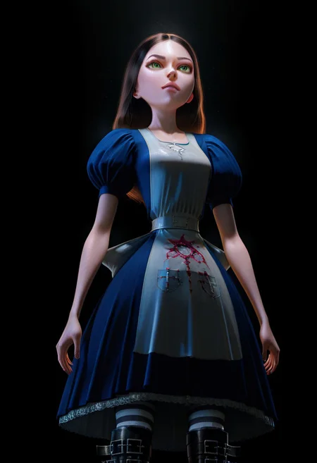 best quality, ultra detailed, high resolution, incredibly absurdres, extremely aesthetic, high resolution, realistic, masterpiece, Al1ceL1ddell, 1girl, solo, small breasts, petite, dress, apron, bloodstained apron, long hair, brown hair, green eyes,striped socks, belt boots, simple background, dark background, black background, full body, low angle, cowboy shot, female focus, realistic sunlight and shadows, light particles, dramatic shadows, chiaroscuro, cinematic lighting, volumetric lighting, global illumination, subsurface scattering and reflections, refraction,