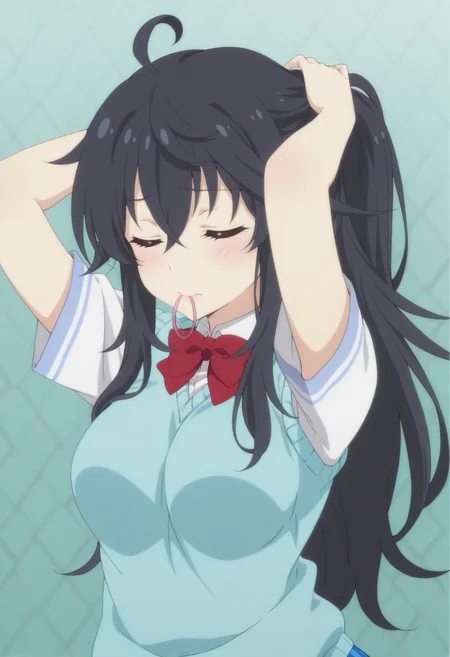 anime screencap, anime coloring,  <lora:DX888Ako:1> tamaki ako, blue eyes, black hair, very long hair, hair between eyes, ahoge, BREAK  school uniform, sweater vest, white shirt,  red bowtie, plaid skirt, blue skirt, thighhighs, BREAK simple background, green background,  mosaic background, BREAK   1girl, arms up, closed eyes, closed mouth, blush,  , hand in own hair, solo, tying hair, upper body, hair tie in mouth