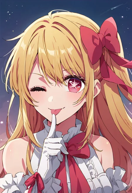 score_9, score_8_up, score_7_up, source_anime,hoshino ruby, star-shaped pupils, 1girl, solo, long hair, looking at viewer, smile, blonde hair, gloves, bow, ribbon, bare shoulders, hair ribbon, upper body, hair bow, frills, one eye closed, sleeveless, tongue, white gloves, tongue out, red ribbon, gradient, idol, ;p, pink eyes