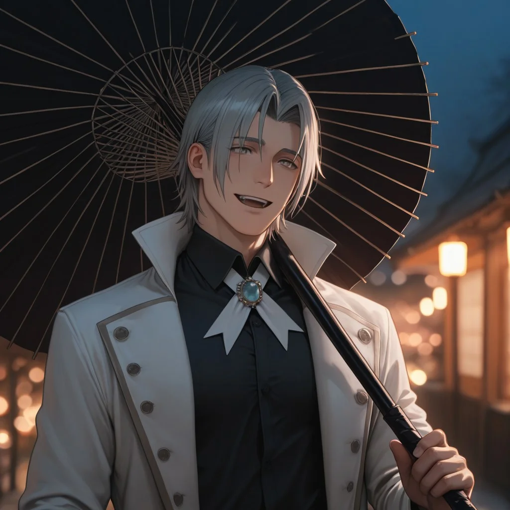 masterpiece, best quality, amazing quality, absurdres, newest, detailed background, definition so sharp, Ultra-HD, 8K cinematic, very awa, impressionate, amazing quality, highres,
solo, male focus, manly, mature male, bara, bokeh, night, warm light, blurry background, outdoor,
yashiroisana, 1boy, short hair, parted bangs, shiro_pretime, shiro_grey hair, shiro_grey eyes, white coat, black collared shirt, ribbon, brooch, oil-paper umbrella, holding umbrella, close umbrella,
smile, happy face, open mouth
