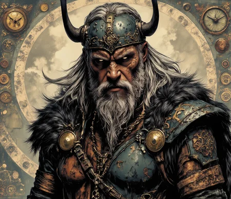 line art drawing <lora:ck-shadow-circuit:1> <lora:lora-Váhlgard_:1>This image is a highly detailed digital artwork depicting a fierce Viking warrior, rendered in a realistic, hyper-realistic style. The warrior is shown from the chest up, with a stern, intense expression. He has a long, thick, snow-white beard and mustache, and his face is partially covered by a horned helmet adorned with intricate, metallic patterns. His eyes are piercing, with a hint of anger or determination. He wears a full suit of armor, which includes a breastplate and shoulder pads, both decorated with intricate, swirling designs that evoke a sense of ancient craftsmanship and strength. The armor is a mix of metallic and leather textures, with the leather appearing worn and weathered. The background is a chaotic mix of swirling patterns and symbols, giving the impression of an ancient, mystical world. The colors are predominantly dark, with shades of brown, black, and metallic gold, adding to the sense of age and power. The image is highly detailed, with every element meticulously rendered, from the texture of the armor to the strands of hair and the intricate patterns on the helmet. The overall mood is one of intense strength and readiness for battle., art by Mike Mignola . professional, sleek, modern, minimalist, graphic, line art, vector graphics