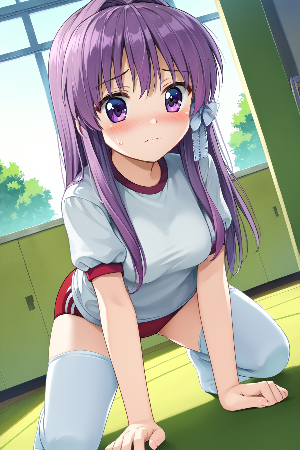 zPDXL2, rating_safe, source_anime, 4k quality, detailed background, detailed eyes, (dutch angle), indoors, storage room, equipment, all fours, embarrassed, <lora:fujibayashi-kyou-xl-04:1>, fujibayashi kyou, medium breasts, white gym t-shirt, red buruma, white stockings