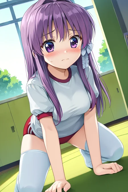 zPDXL2, rating_safe, source_anime, 4k quality, detailed background, detailed eyes, (dutch angle), indoors, storage room, equipment, all fours, embarrassed, <lora:fujibayashi-kyou-xl-04:1>, fujibayashi kyou, medium breasts, white gym t-shirt, red buruma, white stockings