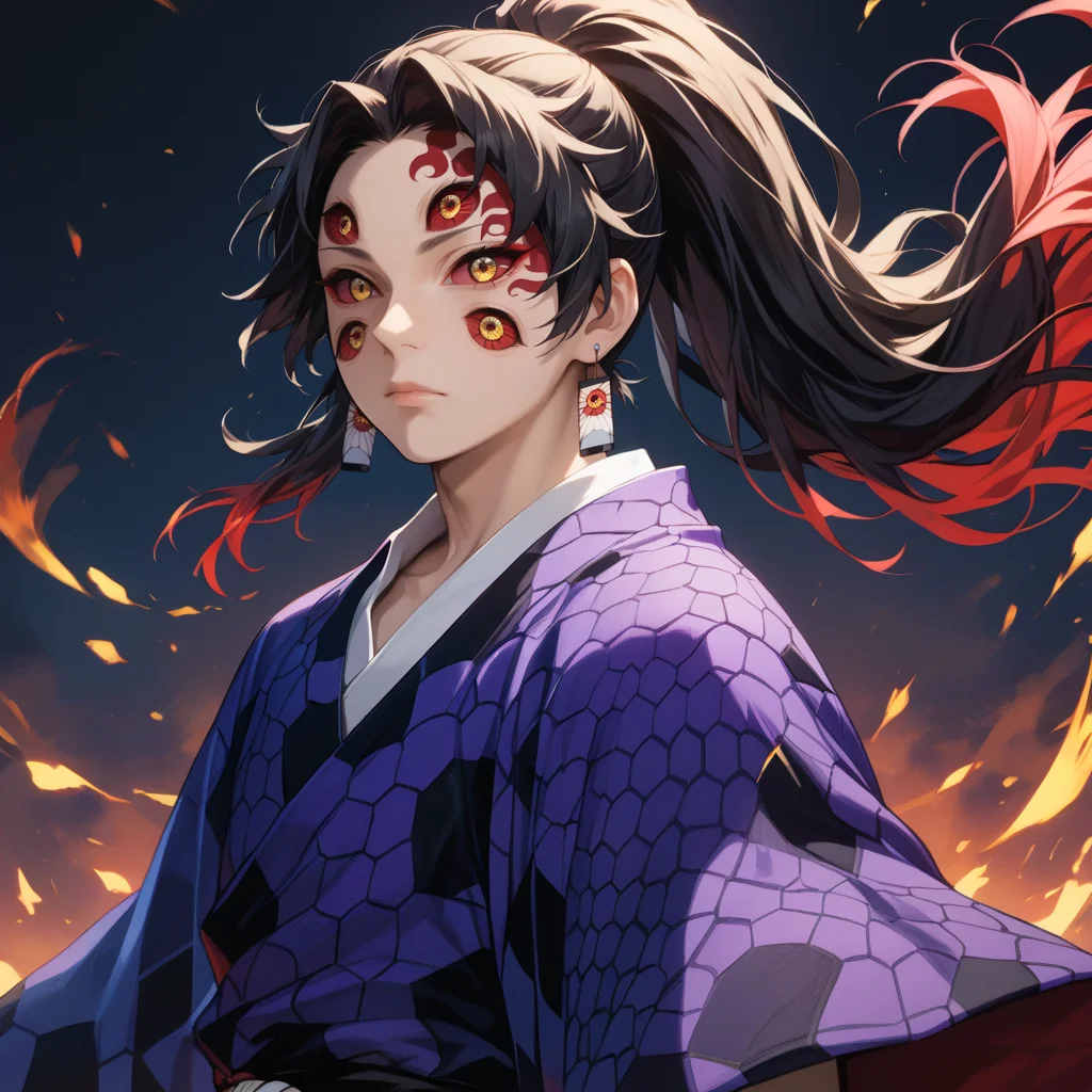 score_9, score_8_up, score_7_up, score_6_up BREAK k0k, 1boy, extra eyes, solo, red sclera, yellow eyes, red eyes, ponytail, long hair, floating hair, two-tone hair, black hair, red hair, facial mark, purple kimono, honeycomb \(pattern\), wide sleeves, earrings, looking at viewer, cowboy shot, <lora:KokushiboPDXLv0.9tx1-000009:1>