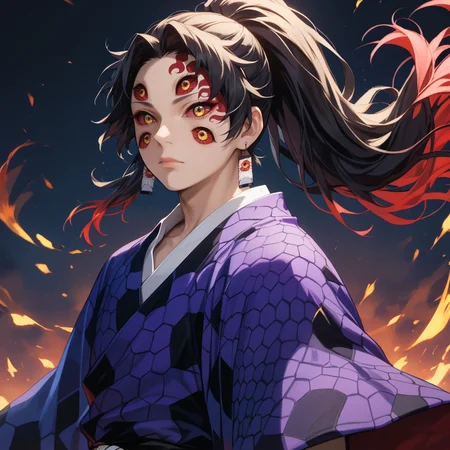 score_9, score_8_up, score_7_up, score_6_up BREAK k0k, 1boy, extra eyes, solo, red sclera, yellow eyes, red eyes, ponytail, long hair, floating hair, two-tone hair, black hair, red hair, facial mark, purple kimono, honeycomb \(pattern\), wide sleeves, earrings, looking at viewer, cowboy shot, <lora:KokushiboPDXLv0.9tx1-000009:1>