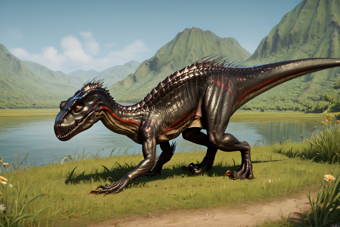 source_furry, score_9, score_8_up, score_7_up, (indoraptor_jwe, dinosaur, feral), scalie, black scales, detailed scales, red marks, (yellow eyes, slit pupils, detailed eyes, beautiful eyes), teeth, sharp teeth, claws, tail, <lora:Indoraptor_JWE2:0.8>, outdoors, graslands, lake, near lake, from side, all fours, closed mouth, zPDXL2, zPDXLpg, zPDXLrl, best quality, highly detailed, extreme details, masterpiece, photorealistic, hyperrealistic, ultra realistic, hdr, 4k, uhd, ray tracing, shaded