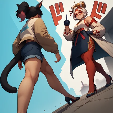 score_9, score_8_up, score_7_up, ApproachingMeMeme, dutch angle, walking, <lora:ApproachingMeMeme_pdxl_Incrs_v1:0.5>, 2girls, 
BREAK  <lora:clamXIVMC_locon:0.8> xivmc, cat girl, animal ears, black hair, two-tone hair, ponytail, tail, shirt, jacket, shorts,
BREAK  <lora:purah-pdxl-nvwls-v1:0.8> purah, hair ornament, red headband, red glasses, sleeveless shirt, white coat, black skirt, red leggings, gloves, high heels, middle finger, smirk,