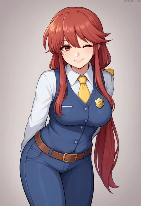 score_9, score_7_up, source_anime, source_cartoon, perfect face, perfecteyes, BREAK, (illustration), intricately detailed illustration, Exquisite color design, (best quality, ultra detailed), smooth skin, high details, (1girls), mature female, beauty, thick thighs, big breasts,  kotohime (touhou), long hair, red hair, low-tied long hair, hair bow, yellow bow, red eyes, white shirt, collared shirt, long sleeves, yellow necktie, blue vest, brown belt, blue pants, hands behind back, bent forward, looking at viewer, wink, wide smile, closed mouth, simple background, police badge,