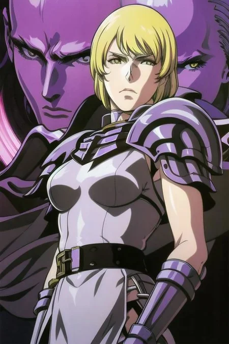 Galatea, tall slender person, athletic female, pale skin, white skin, veins,
short hair, blonde hair, 
yellow eyes, cat's pupil,
round face, pronounced facial features,
white tight shirt, open shoulder, sleeves,  white gloves, white tight pants, tight clothe,
shoulder armor, armor skirt, red crest symbol,
metal bracelets, metal boots, high boots,
looking at viewer, angry, intimidating gaze,
welding single sword,
purple aura,
battlefield on background,
drawing style,
dynamic light, 
ultra detail,
extremely detailed CG, 
micro intricate, 
highly detailed skin,
highly detailed face, 
highly detailed pupils, 
highly detailed iris, 
RAW photo, 
best quality, 
high resolution,
((masterpiece)),
realistic,
sharp focus, 
HDR, 8K resolution,
intricate detail, 
sophisticated detail, 
hyper detailed,
(depth of field), 
highlight and shadow,
volumetric lighting,
highly detailed background,
by Kentaro Miura:1.1,
comicbookpencils:0.9,
greyscale(line art:1.1)