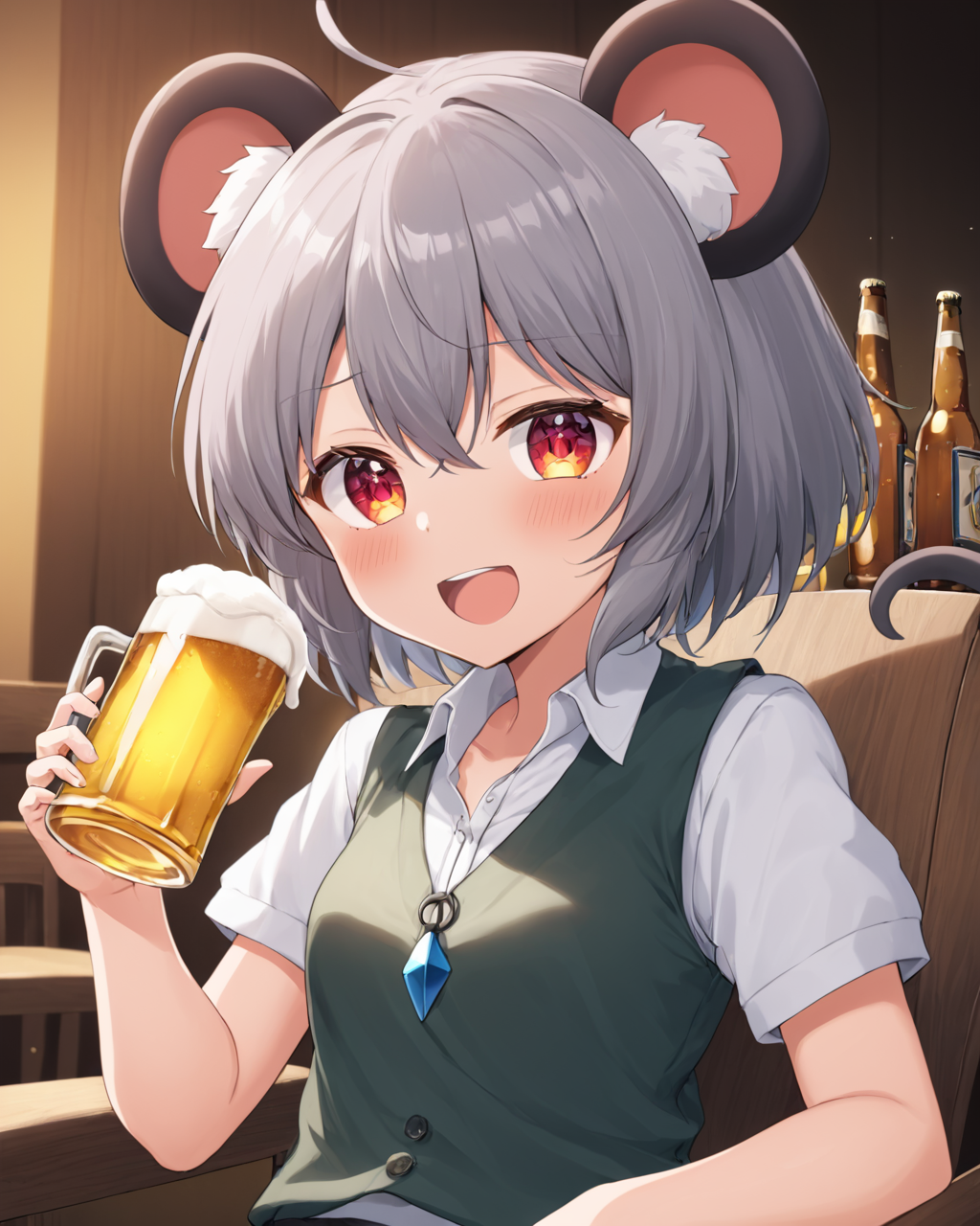 nazrin,1girl, open_mouth, mouse_tail, solo, white_shirt, blush, drinking_glass, holding_cup, drunk, looking_at_viewer, beer_mug, bottle, vest, collared_shirt, mouse_girl, chair, upper_body, beer, teeth, short_sleeves
<lora:nazrin_image9511_2023-12-20-000006:1>,star-shaped_pupils,symbol-shaped_pupils,. gorgeous,key visual, vibrant, studio anime,award-winning, professional, highly detailed,high budget, cinemascope