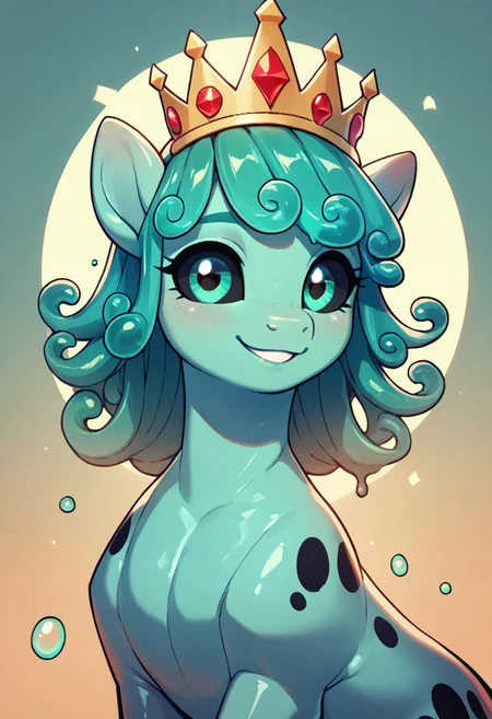core_9, score_8_up, score_7_up, score_5_up, 1girl, (slime pony), my little pony, greenish-gray skin tone, big eyes, black sclera, looking right, mint-green curly hair, black spots on skin, pastel colors, mystical background, dark details, 2d illustration, dynamic pose, slight smile, glowing light source, sunset, moonrise, expressive, voluminous curls, playful demeanor, a crown on the head