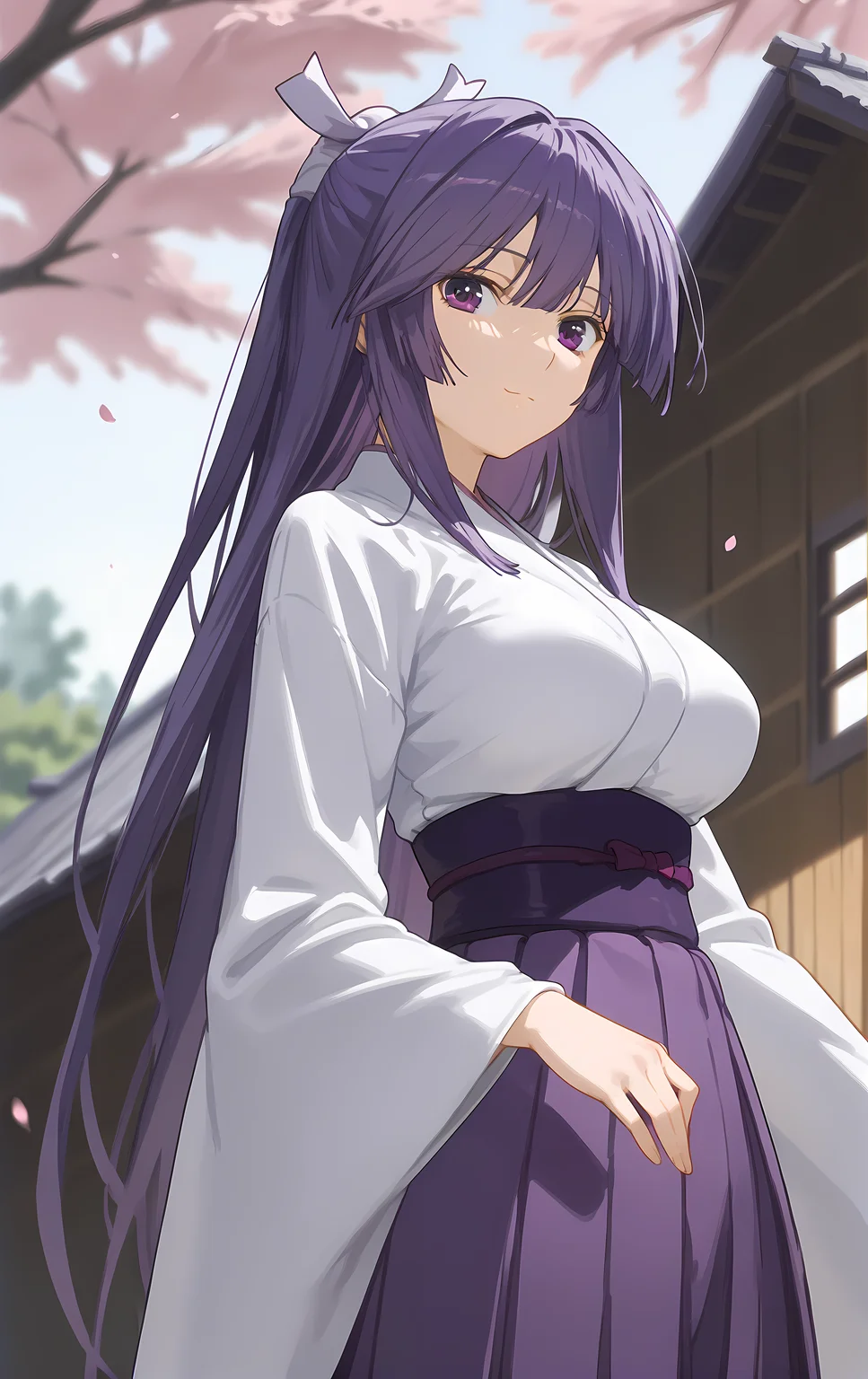 (score_9, score_8_up, score_7_up), looking at viewer, light smile, closed mouth, shiny skin, tight clothes,
ohwx, 1girl, solo, solo_focus, purple_eyes, long_hair, japanese_clothes, purple_hair, very_long_hair, breasts, ponytail, long_hair, breasts, large_breasts,
japanese_clothes, kimono, sash, kimono, skirt, hakama, hakama_skirt, purple_hakama, white_kimono,
blurry background, from side, cowboy shot, dutch angle, log cabin, cherry blossoms,
<lora:miya_asama_pony_ss-000002:1>