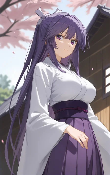 (score_9, score_8_up, score_7_up), looking at viewer, light smile, closed mouth, shiny skin, tight clothes,
ohwx, 1girl, solo, solo_focus, purple_eyes, long_hair, japanese_clothes, purple_hair, very_long_hair, breasts, ponytail, long_hair, breasts, large_breasts,
japanese_clothes, kimono, sash, kimono, skirt, hakama, hakama_skirt, purple_hakama, white_kimono,
blurry background, from side, cowboy shot, dutch angle, log cabin, cherry blossoms,
<lora:miya_asama_pony_ss-000002:1>