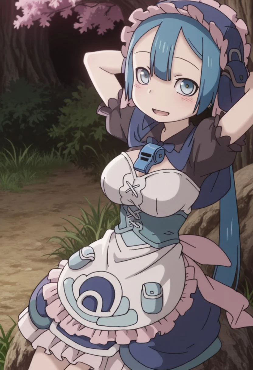 marulk, solo, blush, very long hair, blue eyes, 1girl, large breasts, blue hair, short sleeves, female focus, outdoors, frills, puffy sleeves, apron, cherry tree, sitting on rock, puffy short sleeves, maid, maid headdress, capelet, grass, otoko no ko, corset, pouch, petite, whistle, blue capelet, whistle around neck, happy face expression, blush, smile, looking at viewer, open mouth, arms behind head, leaning back, <lora:tbr/made-in-abyss-marulk-il-v10:1.0>, <lora:PONY/zy_Detailed_Backgrounds_v1-Pony:1.0>