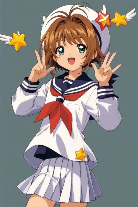 1girl,kinomoto sakura,brown hair,solo,school uniform,skirt,green eyes,tomoeda elementary school uniform,short hair,hat,white skirt,white headwear,magical girl,antenna hair,smile,serafuku,pleated skirt,open mouth,looking at viewer,cowboy shot,long sleeves,star (symbol),neckerchief,sailor collar,score_9,score_8_up,<lora:Card Captor Sakura Anime_XL_PONY:0.8>,