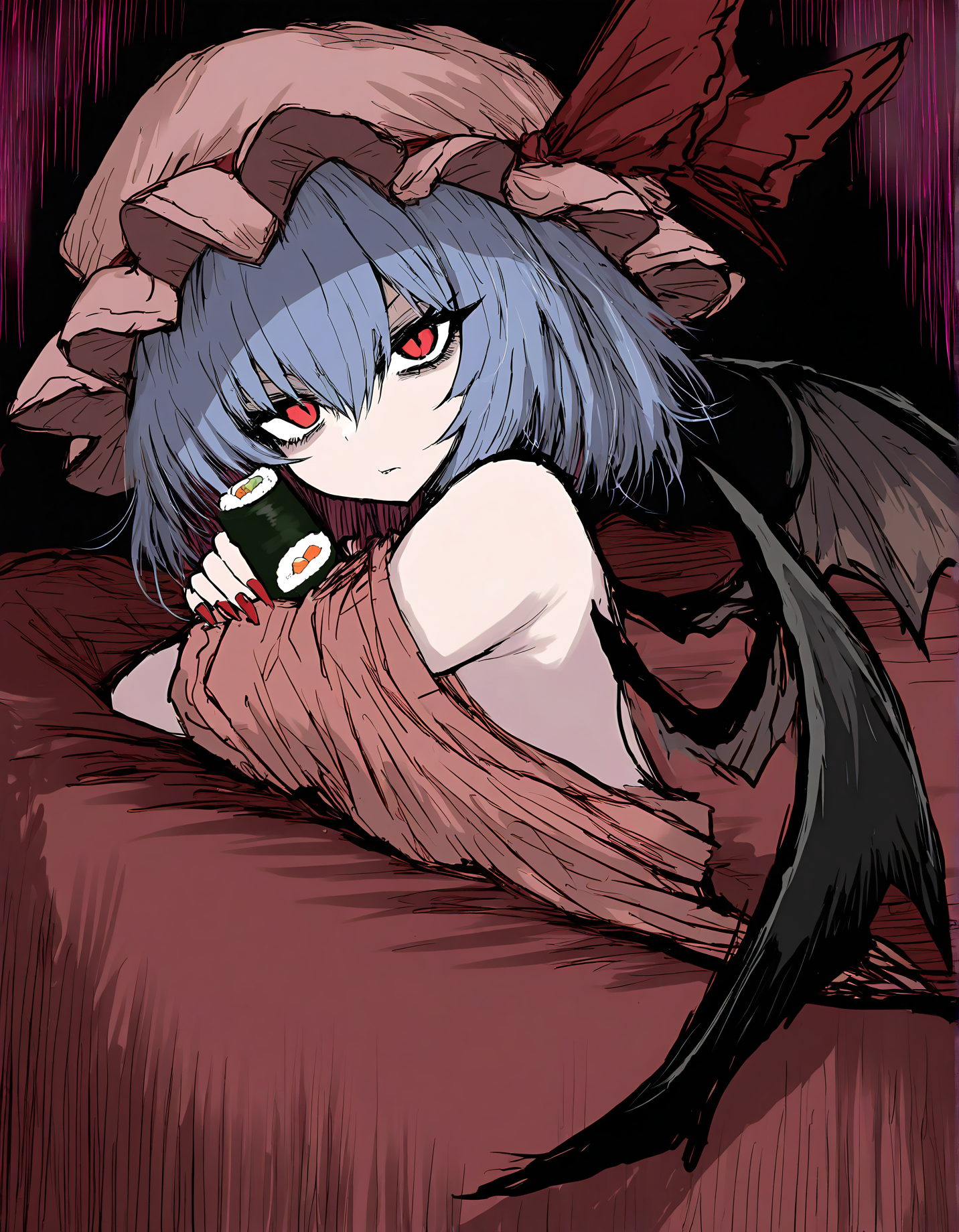 sushi yuusha toro, 1girl, solo, remilia scarlet, looking at viewer,
very awa, masterpiece, best quality, year 2024, newest, highres, absurdres, <lora:black-souls-style-noobai-vpred10-prodigy-DoRA-debiased:1>