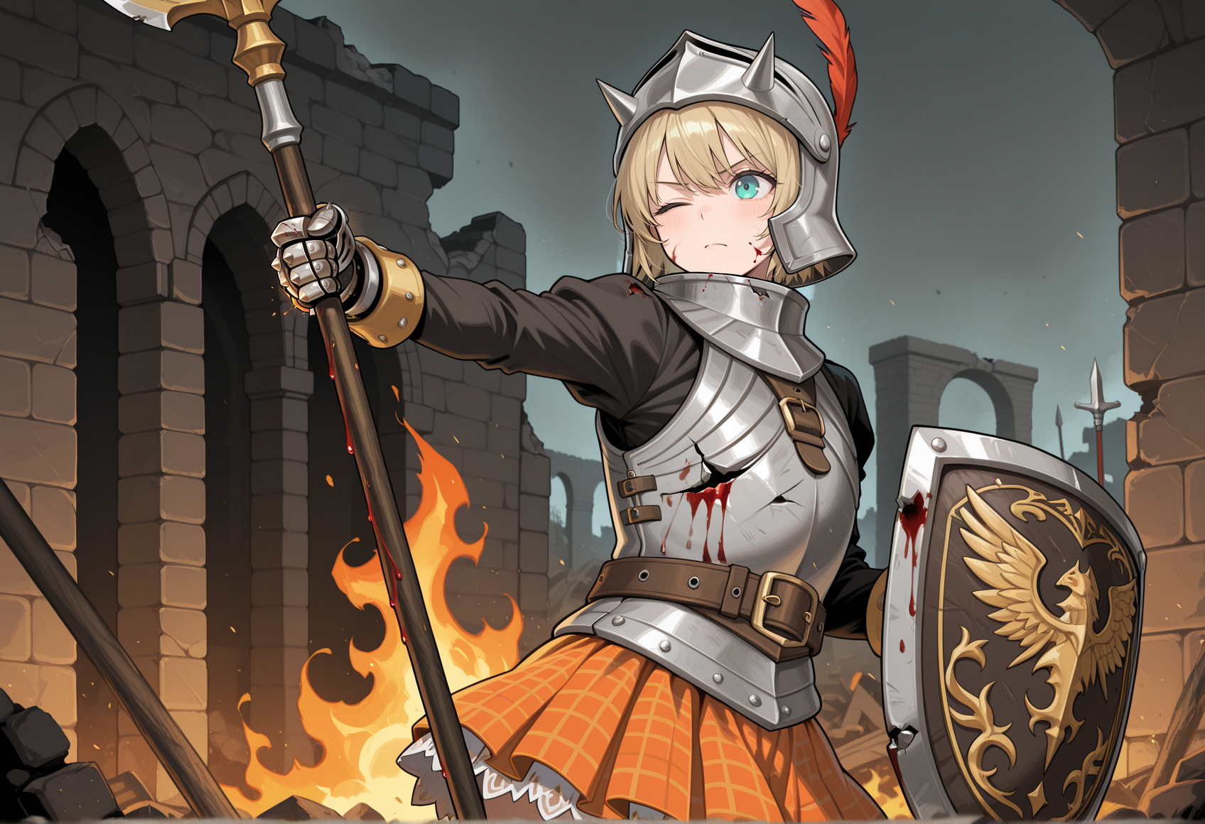 close-up, 1girl, solo, short hair, blonde hair, aqua eyes, armor, breastplate, strap, belt, pleated skirt, checkered skirt, orange skirt, long sleeves, gauntlets, cowboy shot, helmet, hat feather, holding polearm, spear, holding shield, serious, fighting stance, ruins, wink, blood, broken armor, fire, burning, medieval <lora:cecile_suikoden_Illus:0.8>, masterpiece, best quality, amazing quality, very aesthetic, absurdres, highres, newest