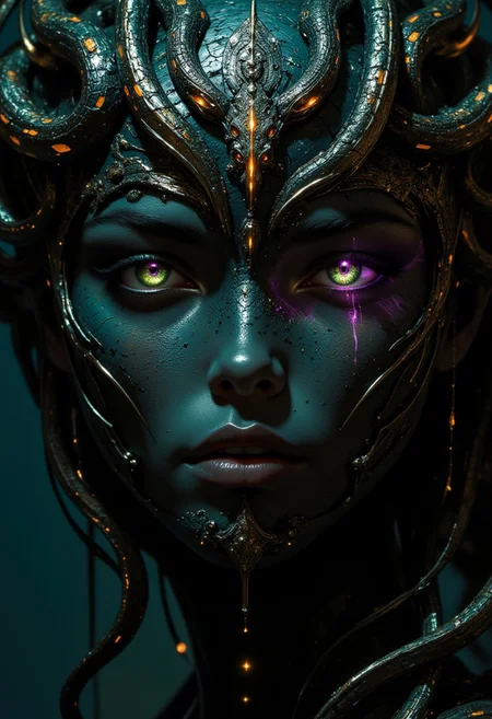 This image features a close-up of a goddess with snake-like hair, blending dark fantasy and surreal beauty. Her face, both entrancing and fearsome, is framed by writhing serpents, each one a continuation of her body, their scales shimmering in shades of deep emerald and gold. Her eyes, a mixture of hypnotic purple and green, draw the viewer in with a predatory allure, glowing with a mystical energy that radiates power. The texture of her skin, dark and cracked like ancient stone, bears flecks of silver and gold that shimmer faintly, adding to her otherworldly presence. The snakes move restlessly, adding a sense of danger to her already commanding figure. Her skin appears both decayed and ethereal, with cracks revealing an inner light that hints at the ancient magic she holds. Shadows dance across her face, emphasizing her haunting beauty. Metallic threads flow from her eyes like cursed tears, adding to the eerie elegance of her visage. The deep blues and blacks of the background enhance the focus on her glowing, mesmerizing eyes and the serpents coiling around her head, creating a sense of danger, mystery, and dark allure. The overall mood is hauntingly captivating, combining beauty and terror in a way that lures the viewer into her powerful, enigmatic gaze.