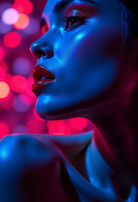A close-up shot, portrait orientation, of an androgynous figure against a vibrant blurry night club background. The lips are painted a hyper realistic, glossy dark glittery red, contrasting sharply with the cool tones of theskin. The lighting is ethereal and otherworldly, casting subtle shadows and highlighting the texture of the skin. The overall effect is alluring and seductive