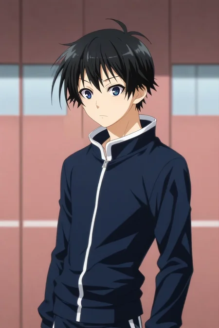 score_9, score_8_up, score_7_up, , rating_safe, intricate details, anime screencap, anime coloring, , , depth of field, 1boy, solo, male focus, <lora:misogi_kumagawa_pony:0.86>, misogi_kumagawa, black hair, blue eyes, short hair, ahoge, , track pants,, <lora:sdxl_lightning_8step_lora:1>