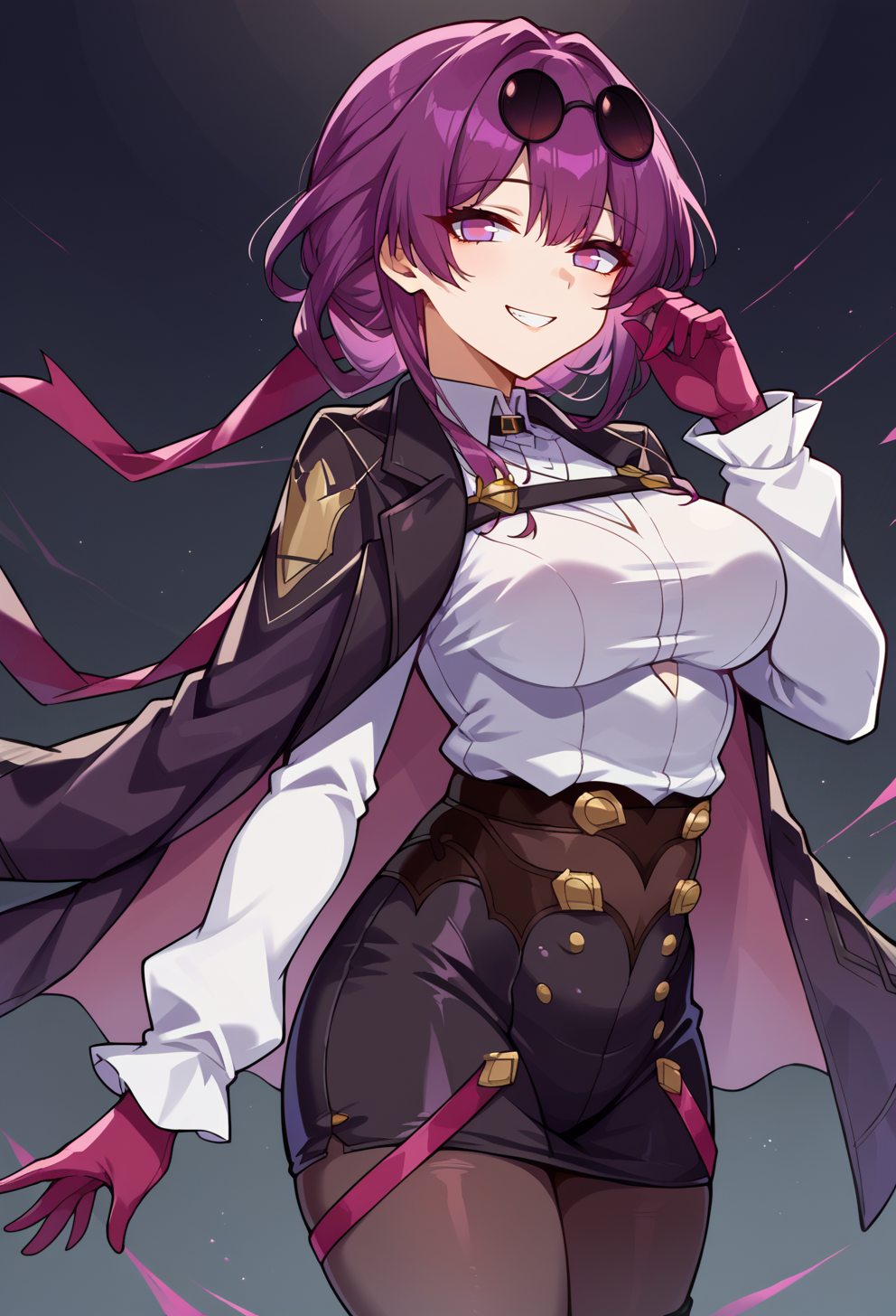 score_9, score_7_up, source_anime, solo, come hither, smile, cowboy shot,  BREAK   <lora:Kafka-pdxl-1:1> mlkfk, jacket on shoulders, pince-nez, purple hair, white shirt, high heel boots, pantyhose, purple eyes, round eyewear, sunglasses, eyewear on head, gloves