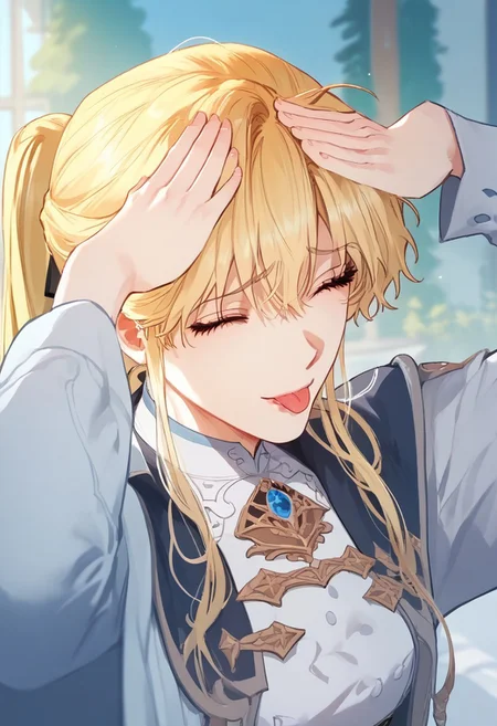 zPDXL2, score_9_up, score_8_up, score_7_up, (Anime_source), high detail face, best quality, absurd res, 1girl, KayenaHill, blue eyes, blonde hair, long hair, ponytail, cowboy shot, AhEtoBlehMeme, closed eyes, tongue out, :p, hands on own head, smile