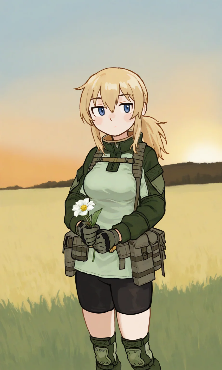 ,0waxio, ,Vesna, blond, blue eyes, ponytail hair, combat shirt, bike shorts, green knee pads, loose green gaiters, gloves, cowboy shot, solo, holding flower, evening, endless fields