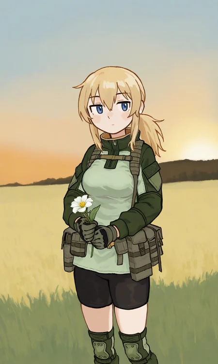 ,0waxio, ,Vesna, blond, blue eyes, ponytail hair, combat shirt, bike shorts, green knee pads, loose green gaiters, gloves, cowboy shot, solo, holding flower, evening, endless fields