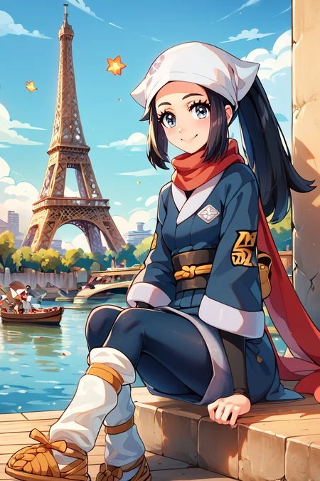score_9, score_8_up, score_8, medium breasts, (curvy), cute, eyelashes,       BREAK, , ,,, zzAkari, grey eyes, eyelashes, black hair, long hair, white headwear, sidelocks, ponytail,  black pantyhose, black undershirt, jacket, loose socks, pantyhose, red scarf, sash, <lora:Akari_Pokemon_PDXL:0.8>,    ,,,, BREAK, zzEiffelTower in background, sitting, watercraft, boat, sitting on wall, side view, looking at viewer, smile, ,,, BREAK, blooming stars, luminescent petals, otherworldly fragrance blurry background, ,,, embedding:zPDXL, Expressiveh, ,,, <lora:EiffelTowerPDXL:0.8>, <lora:CatalystStylePDXL:0.6>, <lora:SDXLFaeTastic2400:0.5>, <lora:Expressive_H-000001:0.4>,