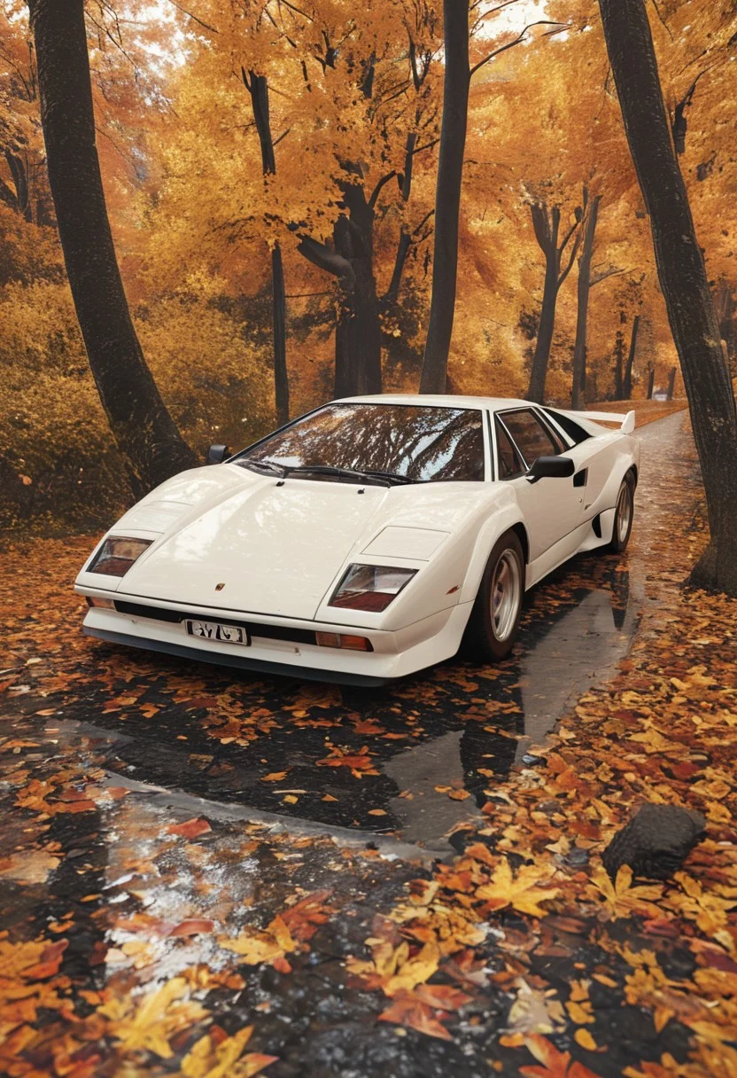score_9, score_8_up, score_7_up, high detailed, hyper realistic, 8k, 16k, masterpiece, CGI rendering, classic Italian supercar, Lamborghini Countach 5000QV, parked, ((wet asphalt road covered with fallen leaves)), autumn leaves, ((pearl white body with crimson red pinstripes)), ((carbon fiber front bumper with sharp angular intakes)), wedge-shaped design, aerodynamic profile, aggressive low stance, ((golden yellow and burnt sienna autumn trees)), fall season, ((soft pastel sky with hints of pink and lavender)), ((golden hour glow, long shadows)), reflective surfaces, ((license plate with Japanese characters, number 76)), ((dreamlike atmosphere, serene setting)), crisp details, high contrast, polished bodywork, realistic reflections, ultra-sharp textures, cinematic lighting, smooth curves, metallic finish, ambient glow, depth of field, dynamic composition, timeless aesthetic, car culture, classic automotive design, natural surroundings, ((leaf-covered ground)), photorealistic rendering, rich colors, warm tones, seasonal transition, highly detailed environment, perfectly balanced framing, hyper-defined contours, nostalgic elegance.