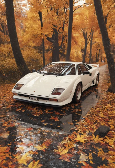 score_9, score_8_up, score_7_up, high detailed, hyper realistic, 8k, 16k, masterpiece, CGI rendering, classic Italian supercar, Lamborghini Countach 5000QV, parked, ((wet asphalt road covered with fallen leaves)), autumn leaves, ((pearl white body with crimson red pinstripes)), ((carbon fiber front bumper with sharp angular intakes)), wedge-shaped design, aerodynamic profile, aggressive low stance, ((golden yellow and burnt sienna autumn trees)), fall season, ((soft pastel sky with hints of pink and lavender)), ((golden hour glow, long shadows)), reflective surfaces, ((license plate with Japanese characters, number 76)), ((dreamlike atmosphere, serene setting)), crisp details, high contrast, polished bodywork, realistic reflections, ultra-sharp textures, cinematic lighting, smooth curves, metallic finish, ambient glow, depth of field, dynamic composition, timeless aesthetic, car culture, classic automotive design, natural surroundings, ((leaf-covered ground)), photorealistic rendering, rich colors, warm tones, seasonal transition, highly detailed environment, perfectly balanced framing, hyper-defined contours, nostalgic elegance.