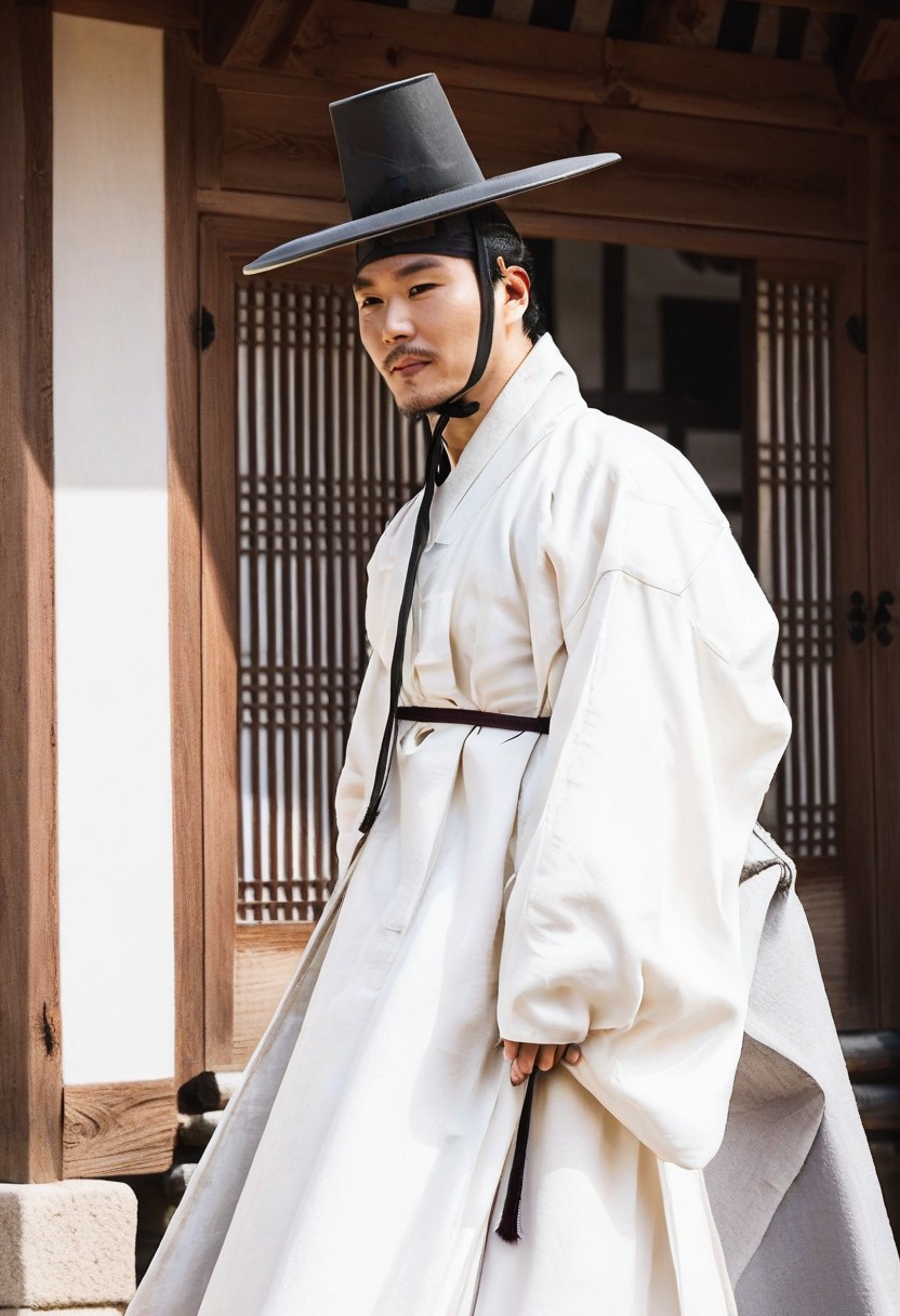 safe_pos, safe_pos, perfect anatomy, perfect proportions, best quality, masterpiece, high_resolution, high quality, (1boy, solo focus:1.4), male focus, male only, bara, mature, masculine, manly, handsome, alluring, seductive, heroic, cowboy shot, dutch angle, look at viewer, asian male, Korean male, dark eyes, dark hair,  facial hair, stubble, Korean clothing, male Hanbok, jungchimak\(Korean clothing\), white jungchimak, white Hanbok, closed clothes, side-knot closure clothing, single side-knot, manggeon\(Korean headband\), black headband, gat_hat\(Korean headwear\), black headwear, outdoor, korean architecture, hanok, black_chin_strap\(hat\), traditional media, Pungsokhwa style, Joseon dynasty